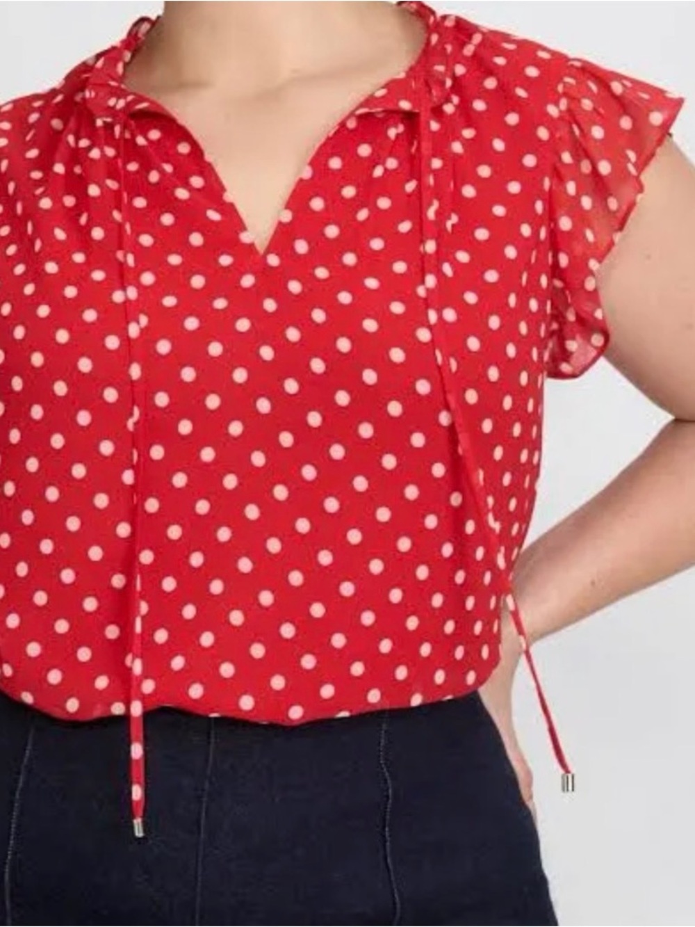 Red Polka Dot Tie-Detail Blouse with Flutter Sleeves - Size 16